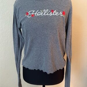 Hollister Women's Blue Long Sleeve Tee with Embroidery